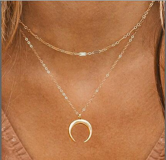 New Double Layer Moon Pendant Necklace