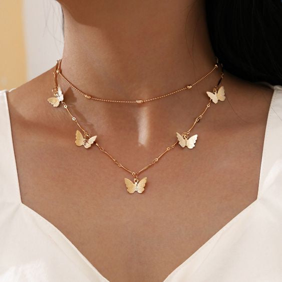 Beautiful Bamboo Link Chain Butterfly Pendant Double Layer Necklace