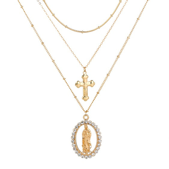 Virgin Mary Cross Multilayer Pendant Necklace