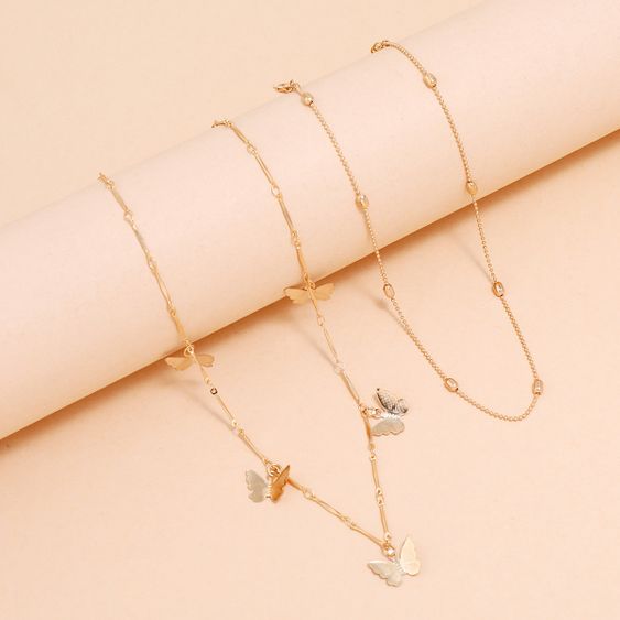 Beautiful Bamboo Link Chain Butterfly Pendant Double Layer Necklace