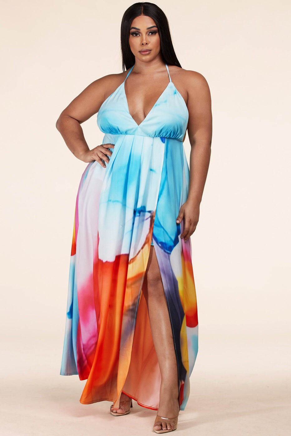 Fashion Woman Watercolor Print Wrap Plus Maxi Dress