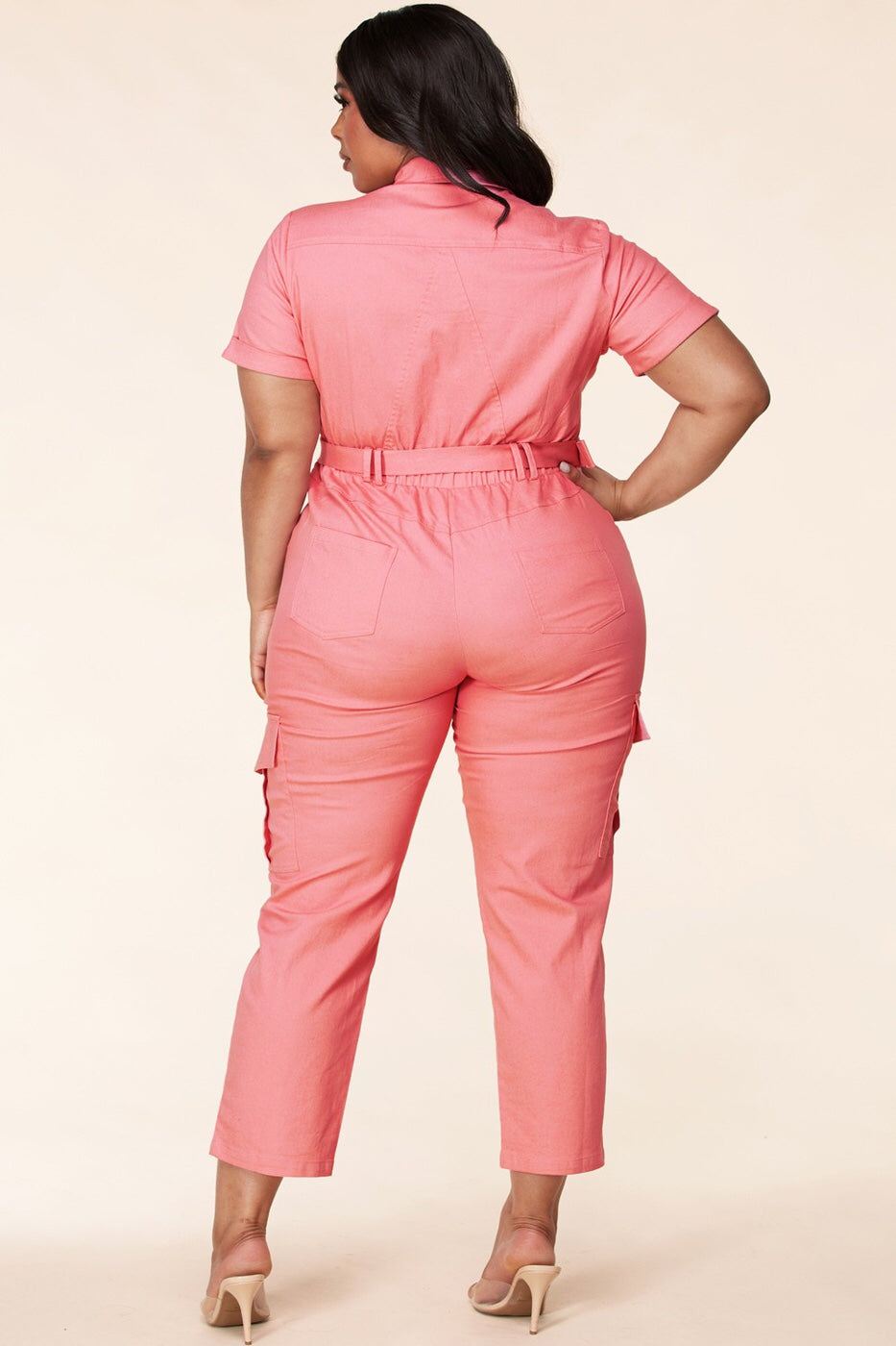 Fashion Pink zip-up short sleeve Jumpsuit